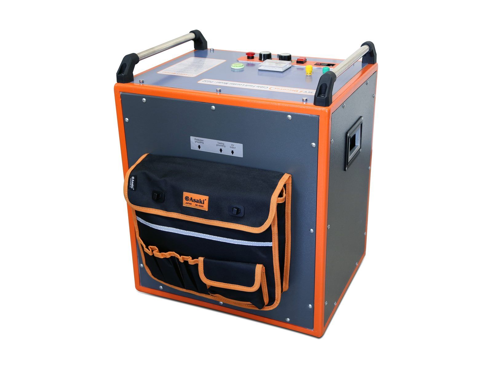 Surge generator seen from a raised angle, showing the top control panel, carrying handles and front pouch.