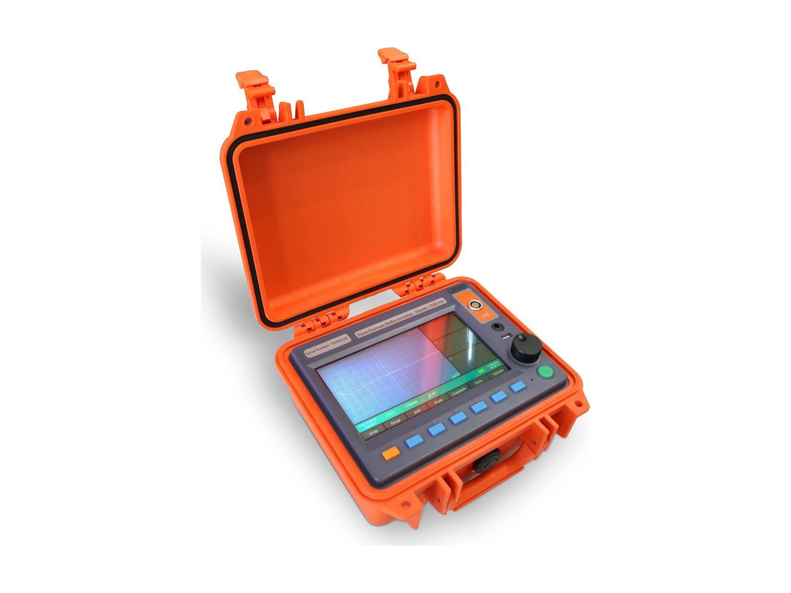 TDR-901 reflectometer open in its orange hard case, the 7-inch screen showing a trace above a row of soft keys and a rotary dial.