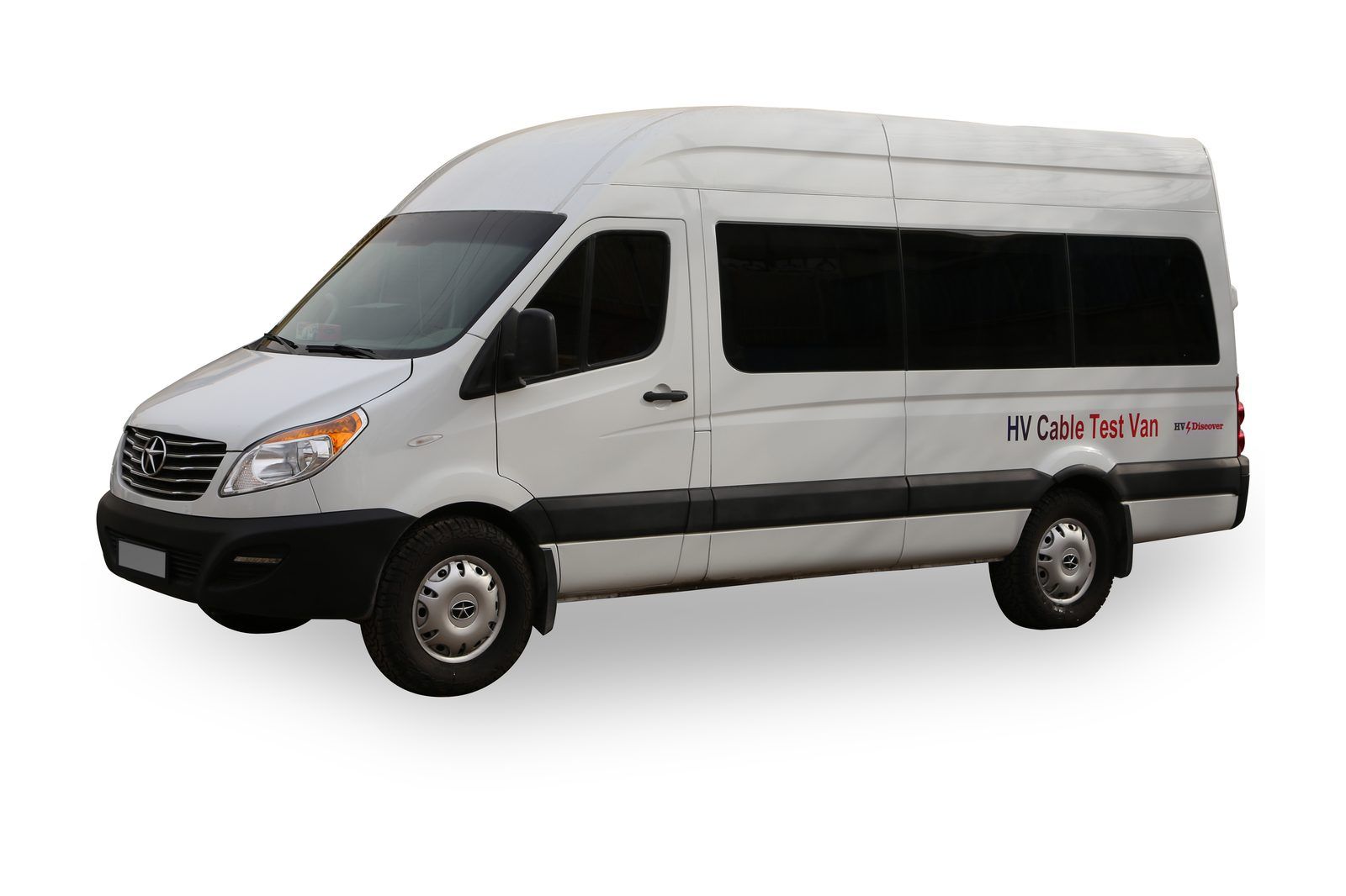 The HV Discover cable test van: a white high-roof van with ‘HV Cable Test Van’ on its side, seen from the front left.